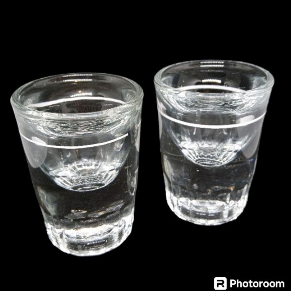 Lot of 2 LIBBY ILLUSION SHOT GLASSES Holds 1 Shot Looks Like 2 White 1 oz. Line